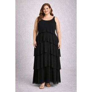 JJ's House Womens Black Tiered Chiffon Evening Dress With Beaded Neckline 26W